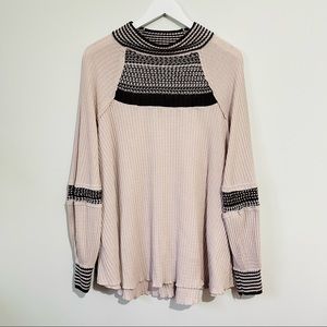 Free People Cream Light Pink Waffle Knit Thermal Long Sleeve Top
